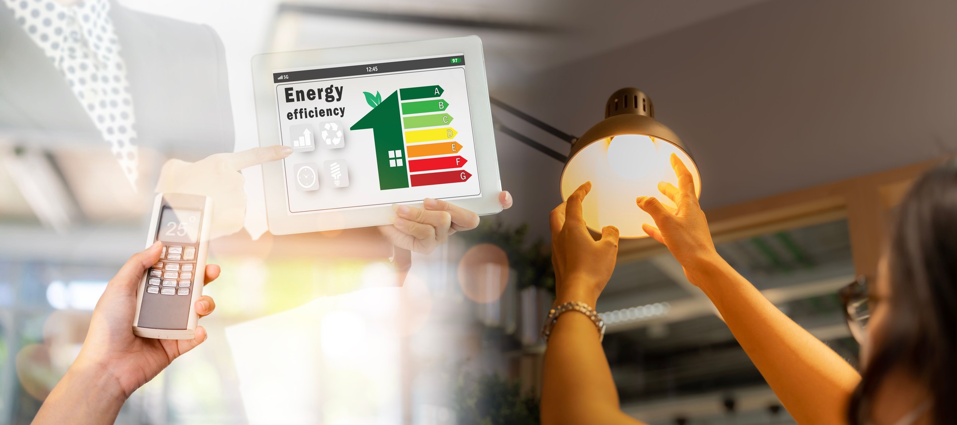 Woman change a new electric bulb, open air conditioning 25 degrees make a home more energy efficient. Home appliance energy efficient. Household equipment and energy class chart.