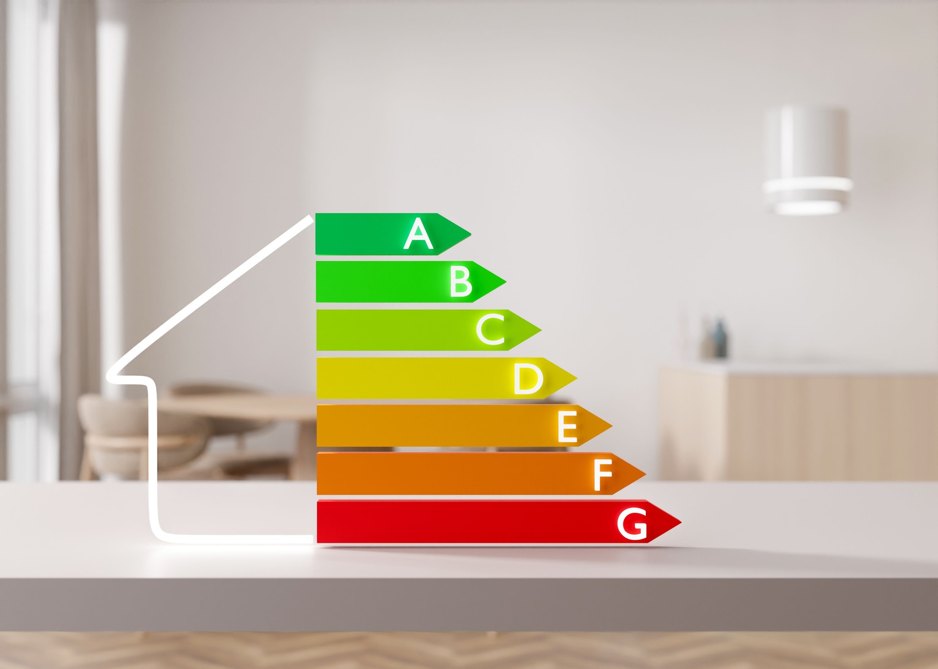 Energy efficiency rating chart and home interior. Ecological and bio energetic house. Energy class, performance certificate, rating graph. Eco friendly, energy saving. 3d rendering.