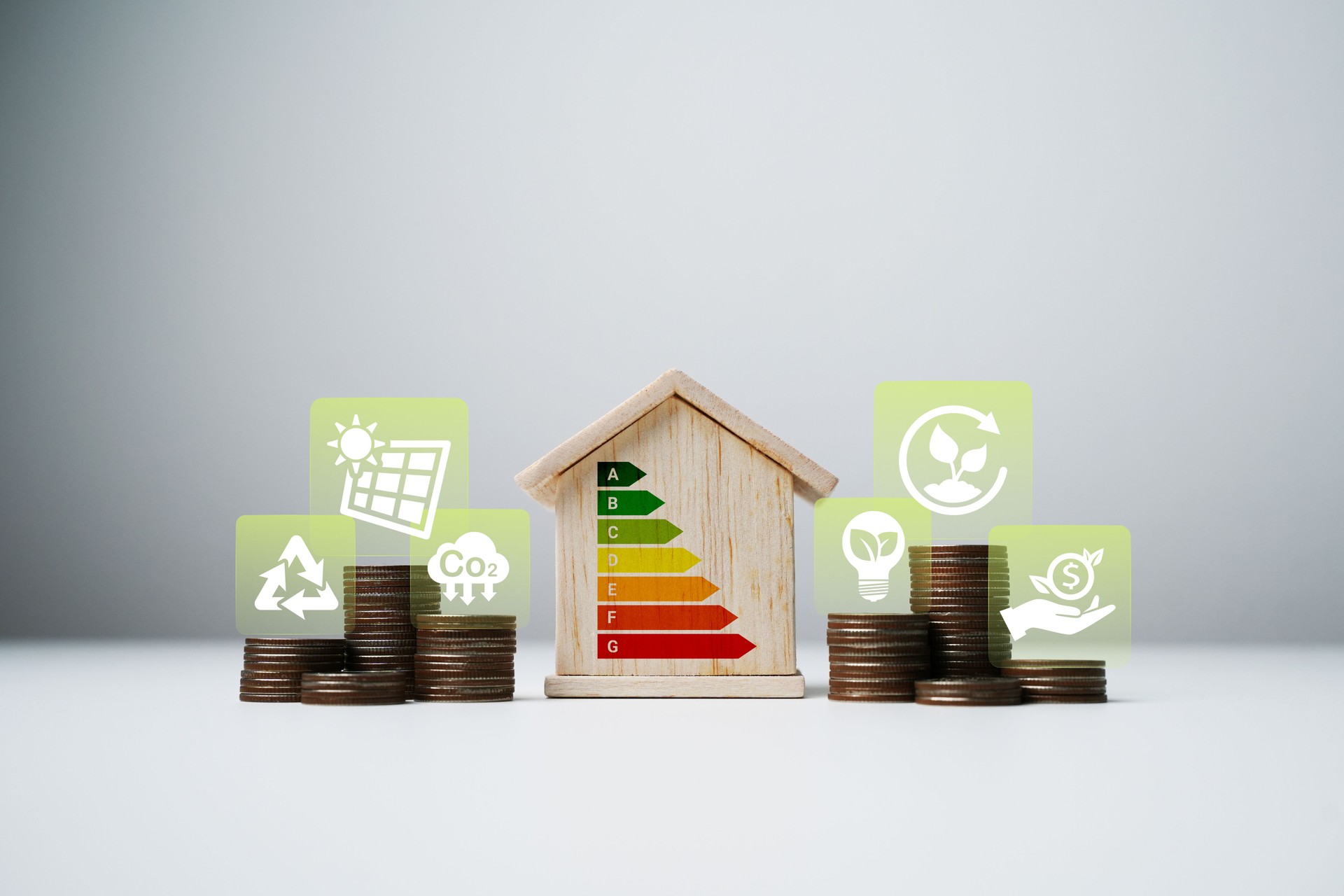 Energy-saving homes, energy efficiency concepts, eco-friendly home improvements, cost savings, low-energy eco-friendly homes, green handshake.